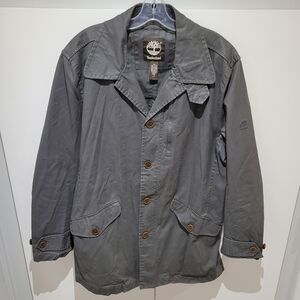 Timberland Dark Grey Field Jacket Mens Large Long Cotton Utility Coat Button Up
